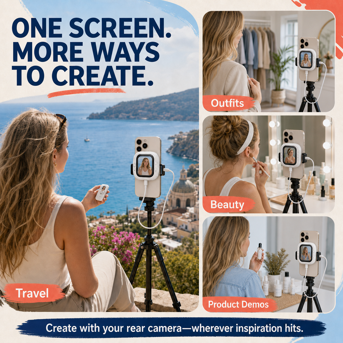 Rear-camera monitor for travel beauty outfits and product demos